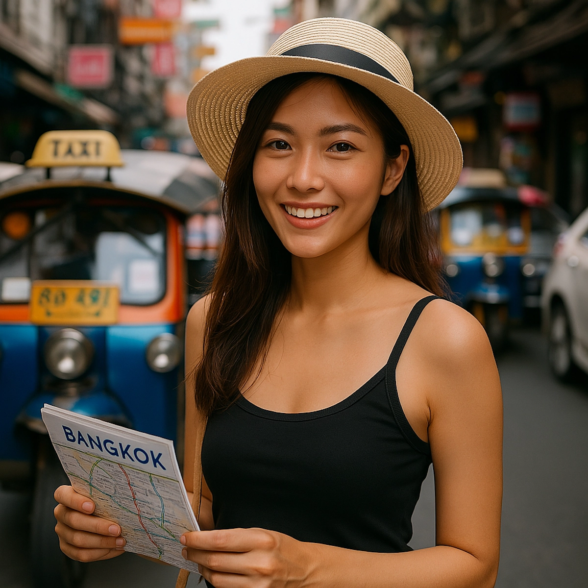 AI Thai female tour guidein Bangkok with a hat and a black top holding a map of Bangkok