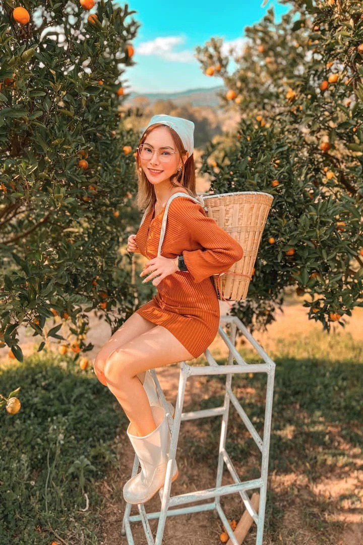 Thai model Doungporn Sealeang at an orange farm