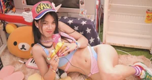 maeylin lin posing as a gamer with colorful outfit and accessories, a sexy cosplay