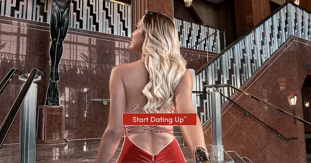 a blond lady climbing chic stairs wearing a beautiful red dress for a date